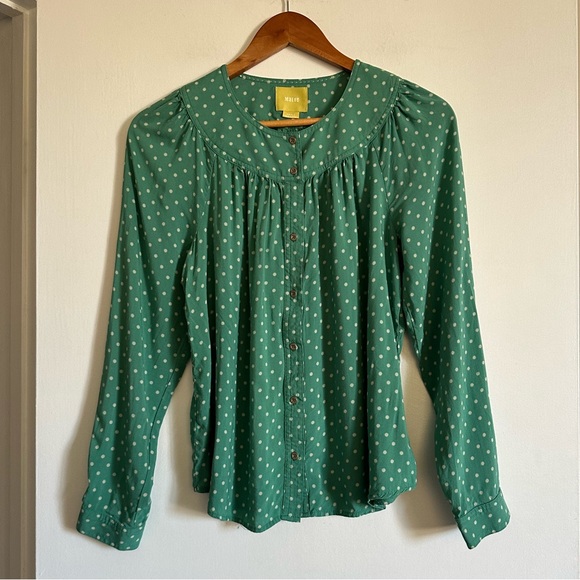 Anthropologie Maeve Teal Polka Dot Asbury Printed Button Down Blouse Size Small - Picture 5 of 11